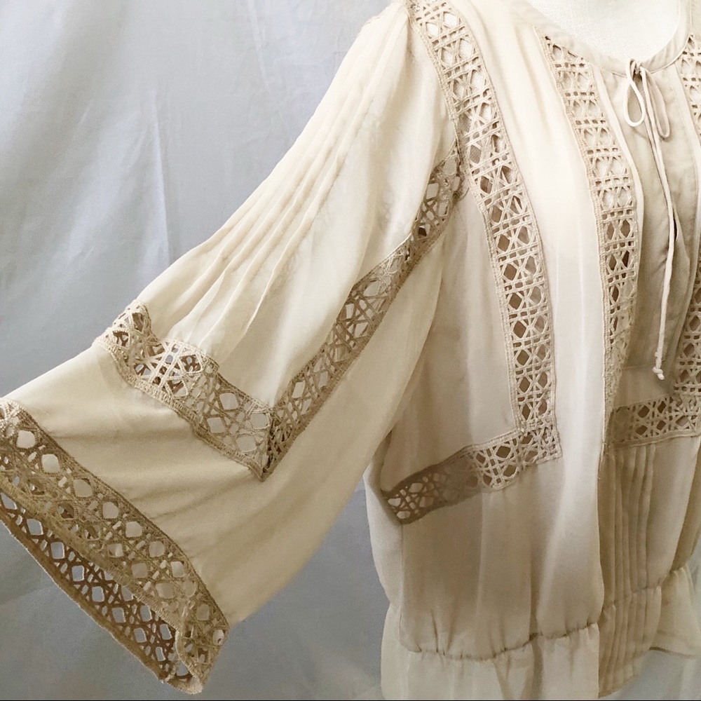 DR2 Beige Tie Neck Wide Sleeve Crochet Blouse - Picture 6 of 7
